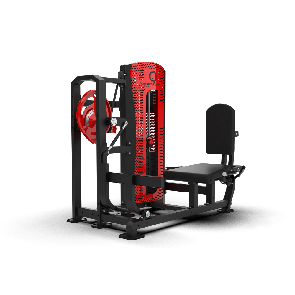 QLI Pro-Axis Calf Raise QPACR65 - pin loaded calf machine with padded seat and backrest, red Pro-Axis dial and shrouded weight stack