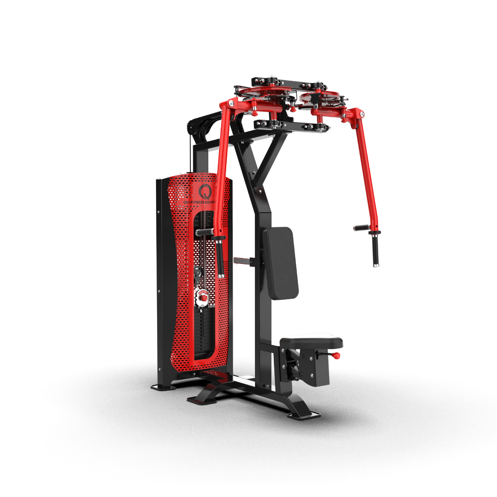 QLI Pro-Axis Dual Pec Fly QPADP64 - pin loaded pec fly and rear delt machine with red pivoting arms, padded backrest and shrouded weight stack