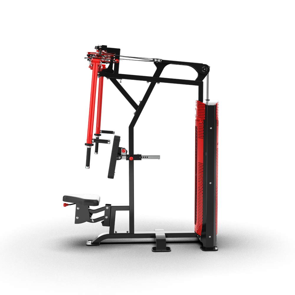 Side profile of the QLI QPADP64 showing a fly arm, handles, seat and the tall red stack shroud