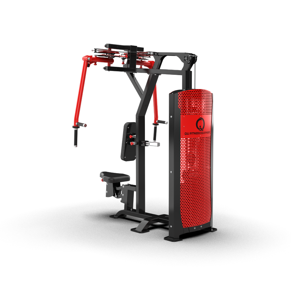 QLI QPADP64 pec fly and rear delt machine from the seat side, with the vertical handles and weight stack