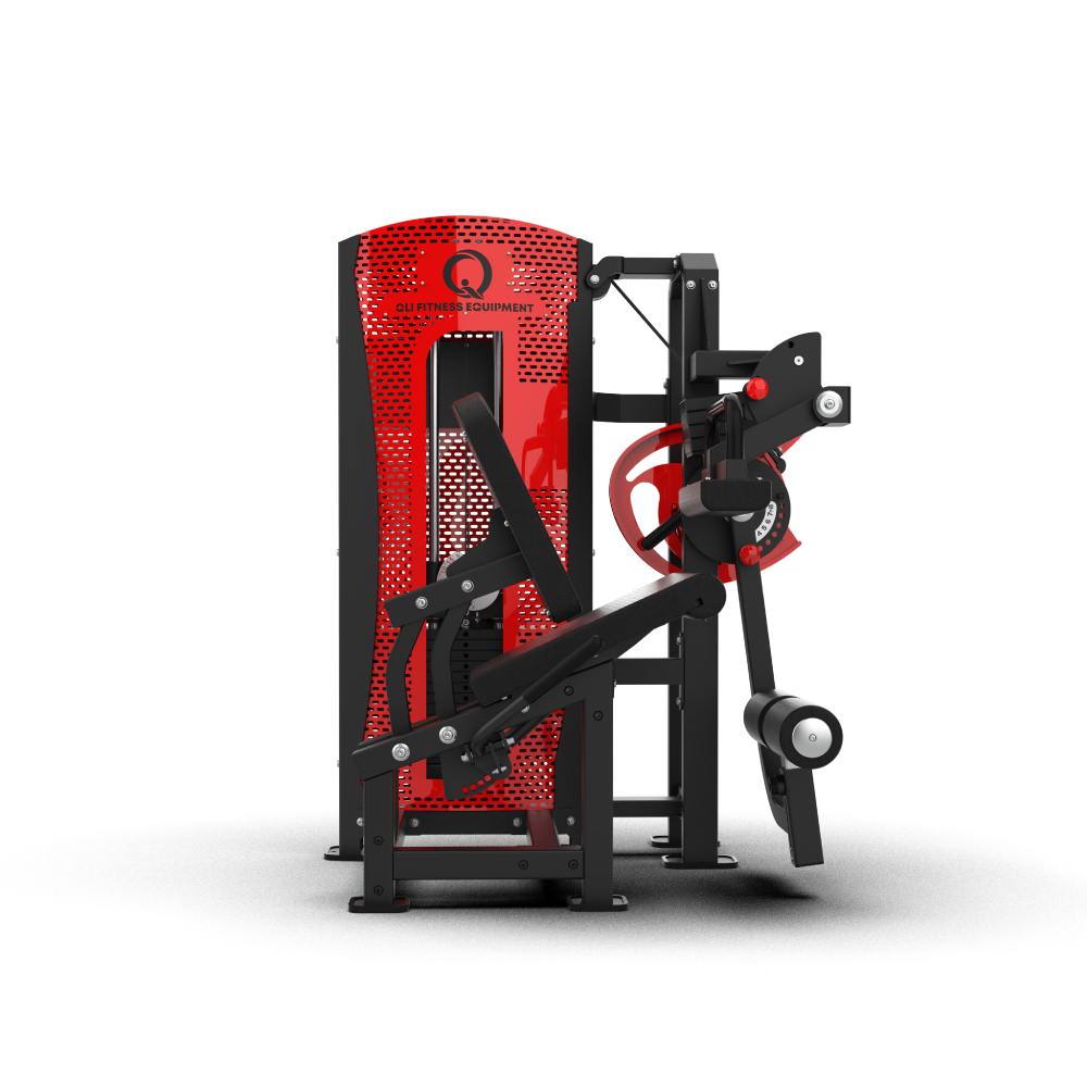 Side view of the QLI QPALC49 showing the lever arm, ankle roller and red Pro-Axis dial beside the weight stack