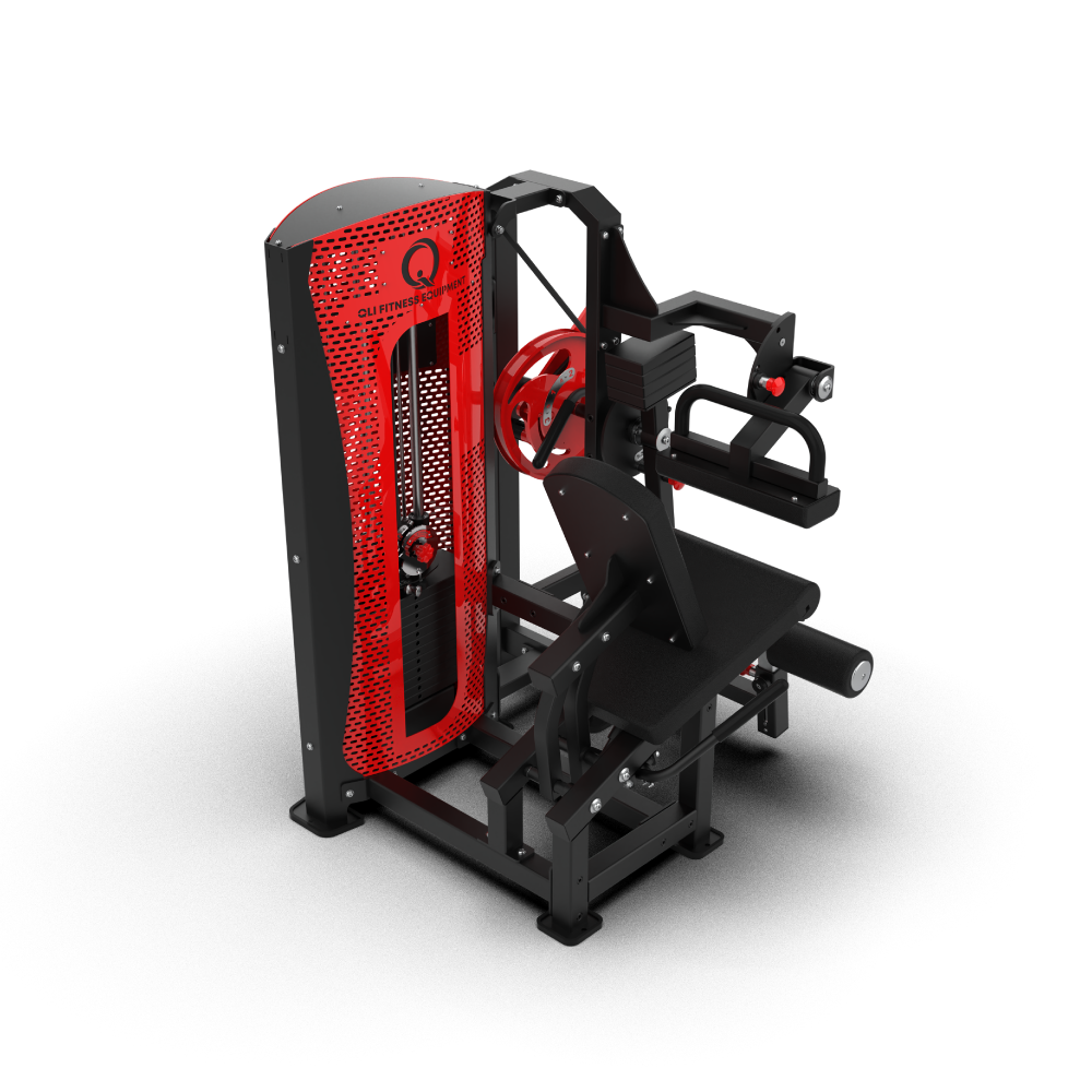 QLI QPALC49 seated leg curl with the adjustable backrest, thigh hold-down pad and red perforated stack shroud