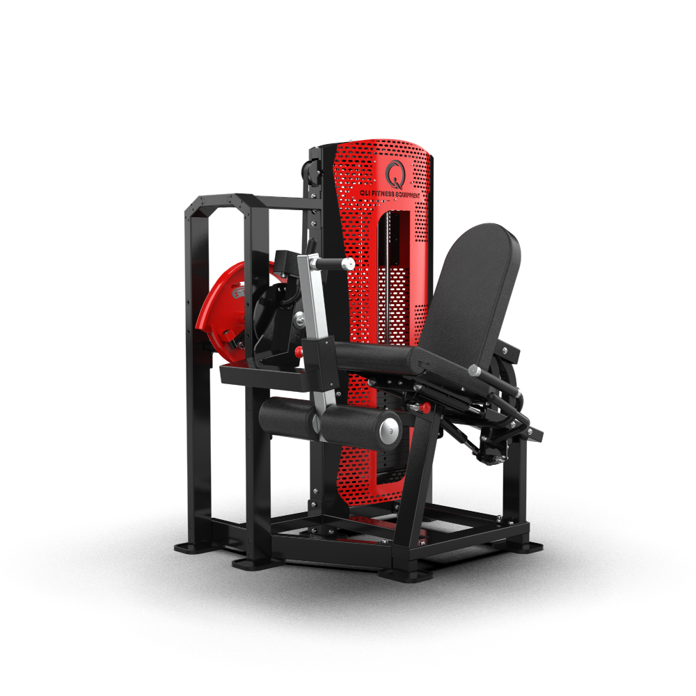 QLI Pro-Axis Leg Extension QPALE47 - pin loaded quad machine with reclined seat, thigh pad, handles and red shrouded weight stack