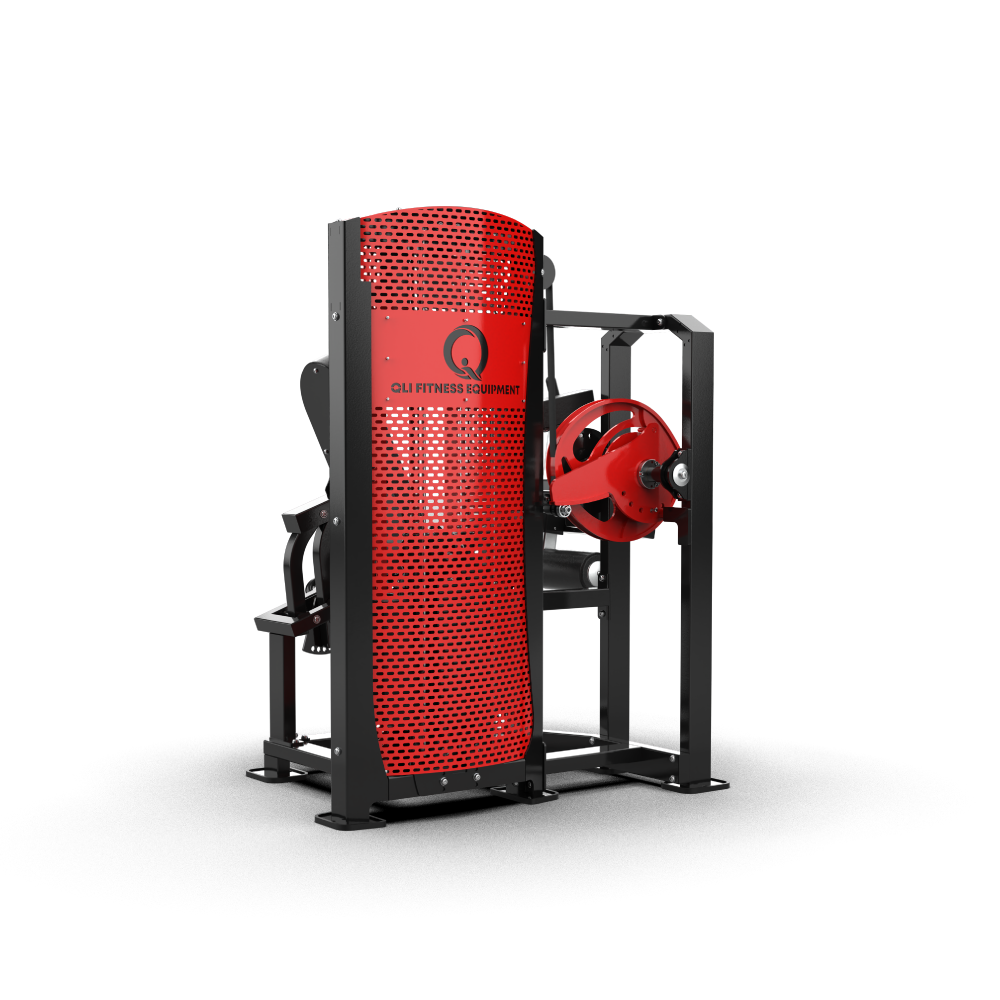 QLI QPALE47 leg extension from the weight stack side, with the red perforated shroud and Pro-Axis dial
