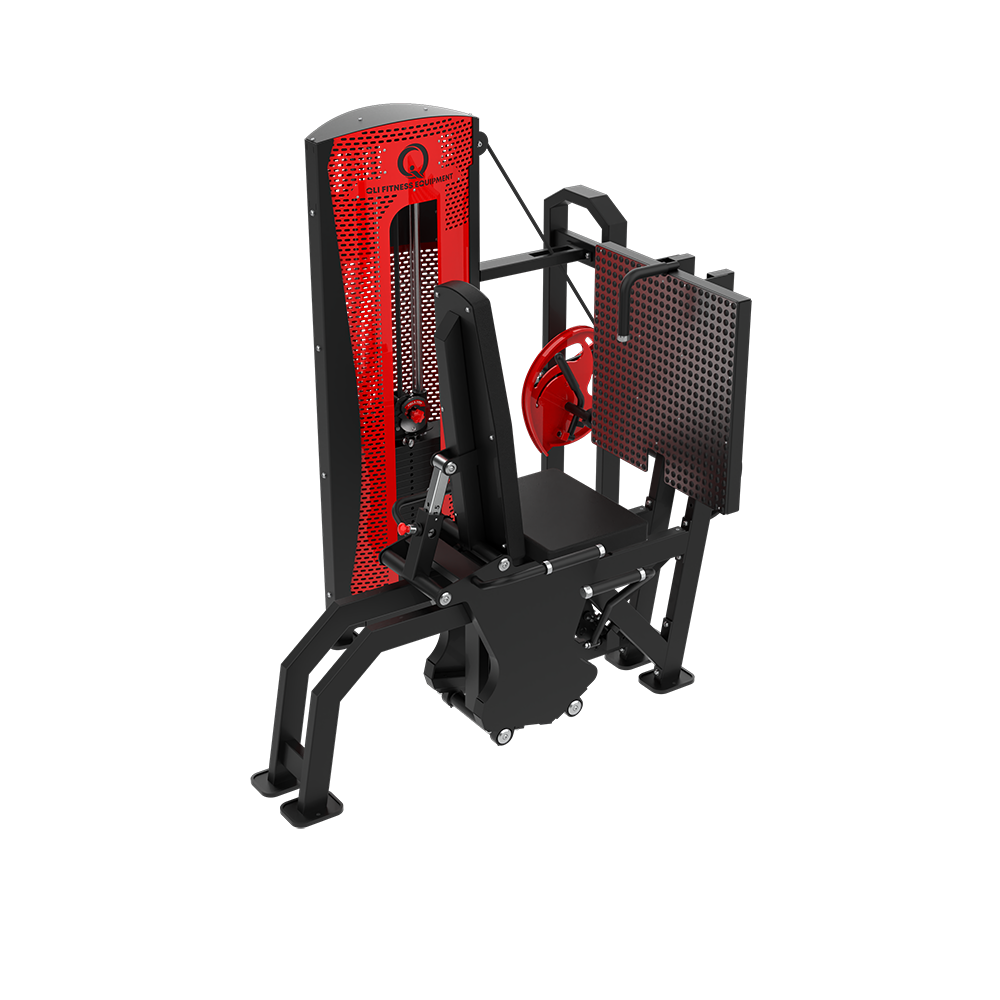 QLI Pro-Axis Seated Leg Press QPALP74 - pin-loaded leg press with red shrouded weight stack, seat and large perforated footplate