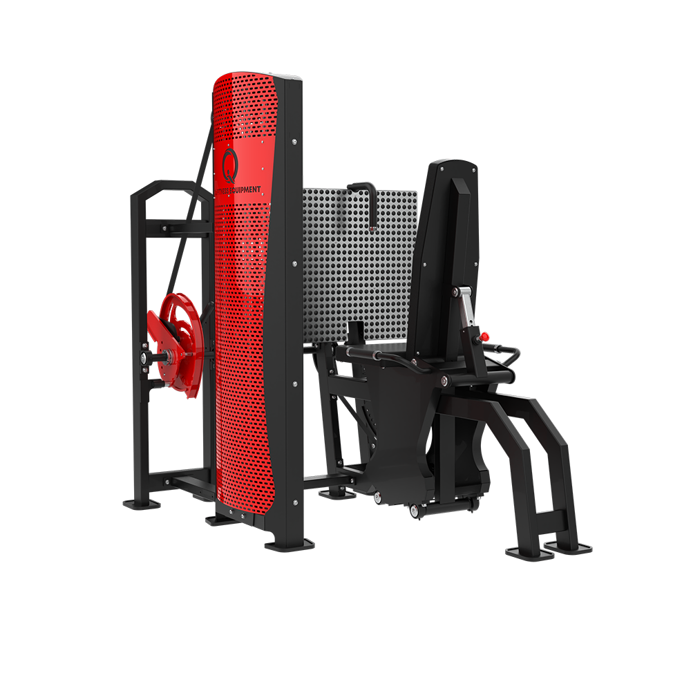 QLI QPALP74 from the weight stack side, with the red stack shroud, red cam and the footplate behind