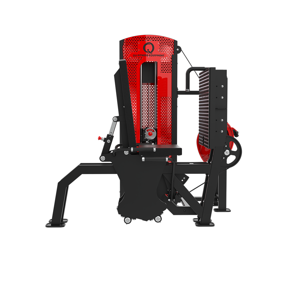 Side profile of the QLI Pro-Axis Seated Leg Press showing the stack tower, seat carriage and footplate