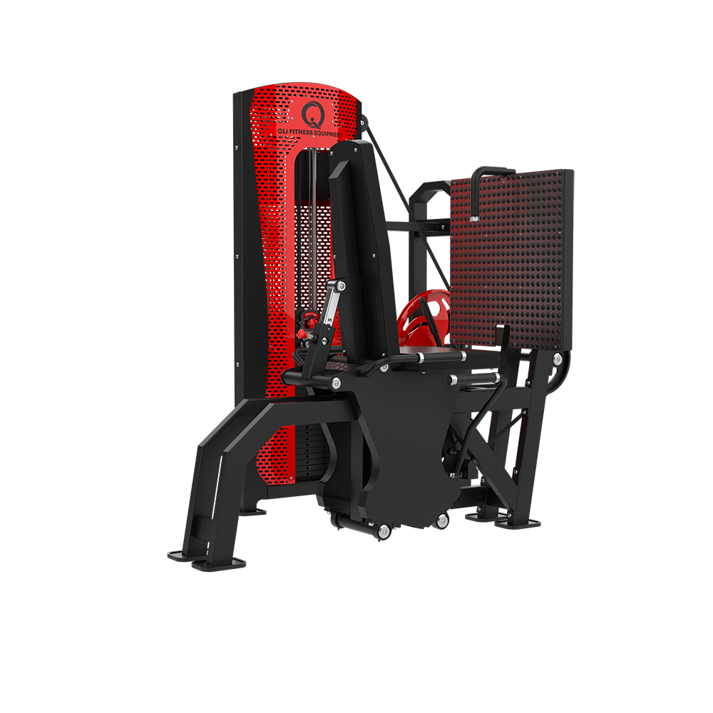 QLI Pro-Axis QPALP74 seated leg press from the front, showing the seat, handles and wide footplate