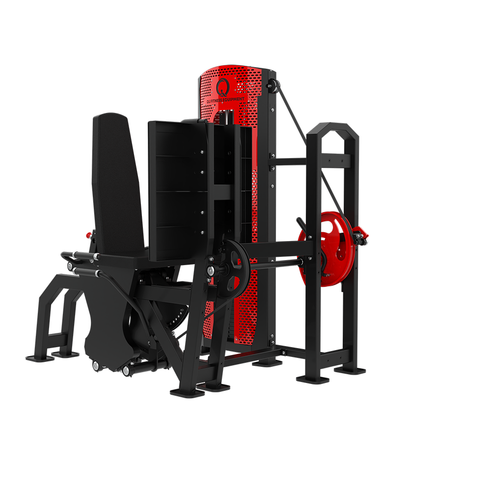 Rear three-quarter view of the QLI QPALP74 showing the reclining backrest, weight stack tower and red cam