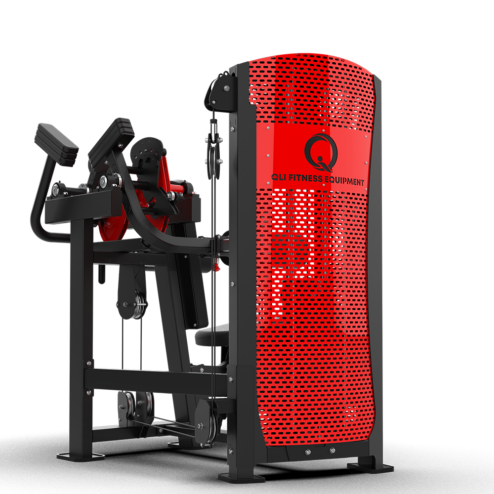 QLI QPALR62 from the weight stack side, showing the red perforated shroud and lateral raise arms