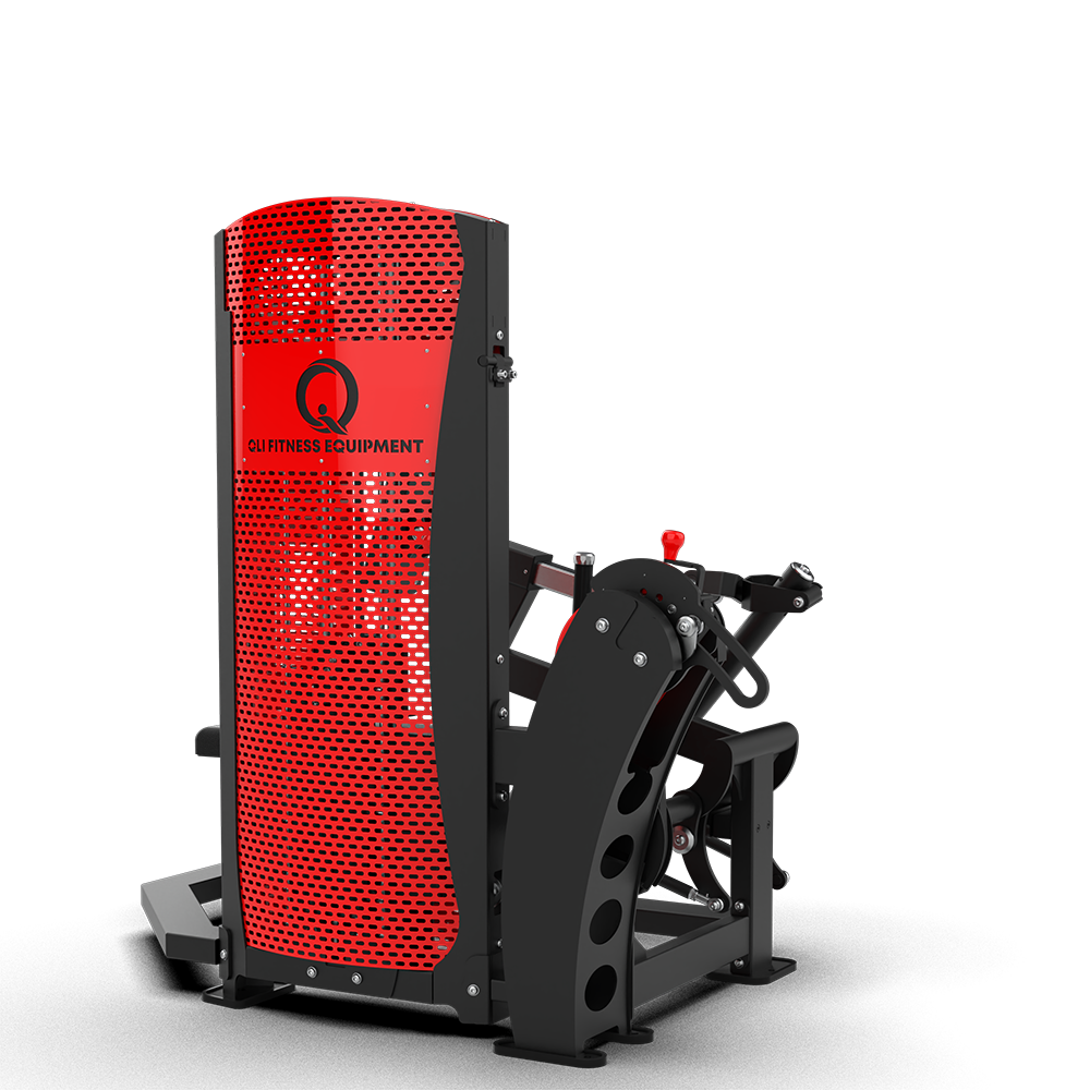 QLI QPARM63 from the weight stack side, with the red perforated shroud and row arm