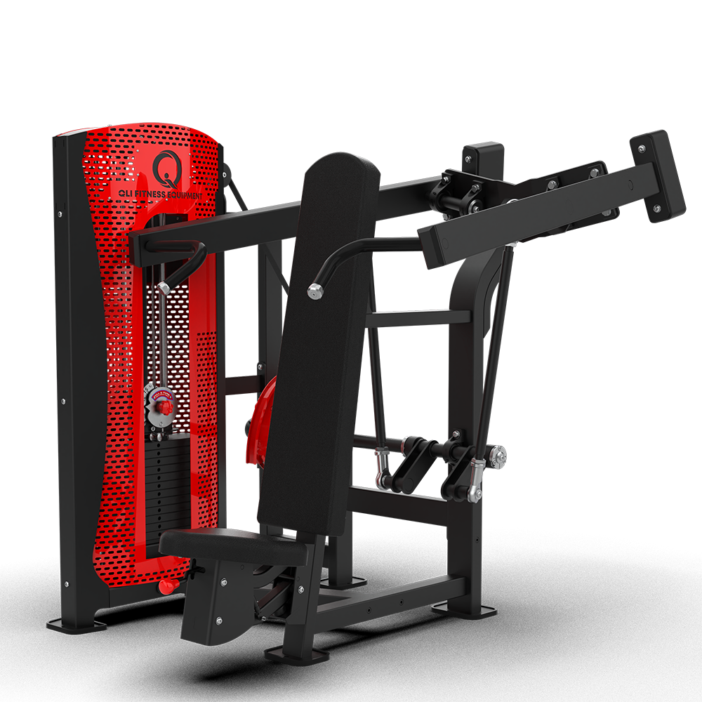 QLI Pro-Axis Shoulder Press QPASP63 - pin loaded shoulder press with upright backrest, overhead press arms and red shrouded weight stack