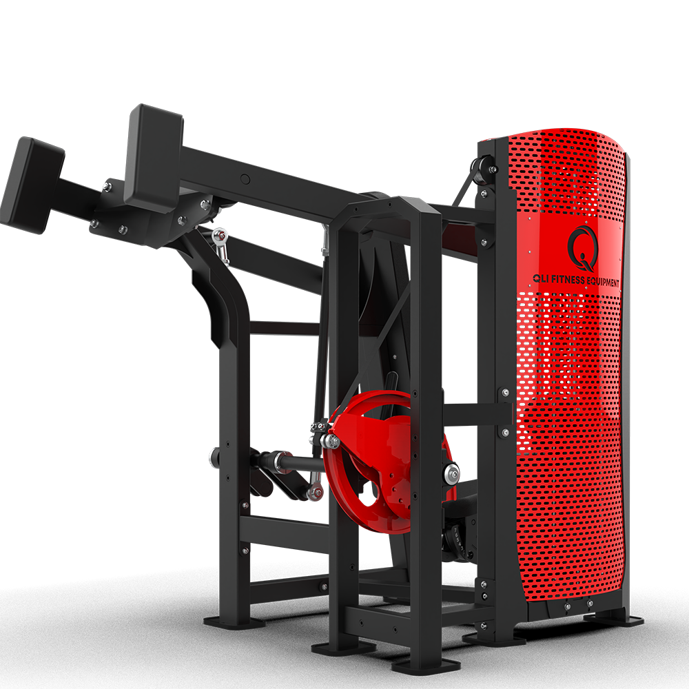 QLI QPASP63 shoulder press from the rear, with the Pro-Axis dial and red perforated stack shroud