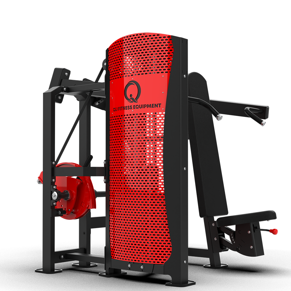 QLI QPASP63 from the weight stack side, showing the tall shrouded stack and padded backrest