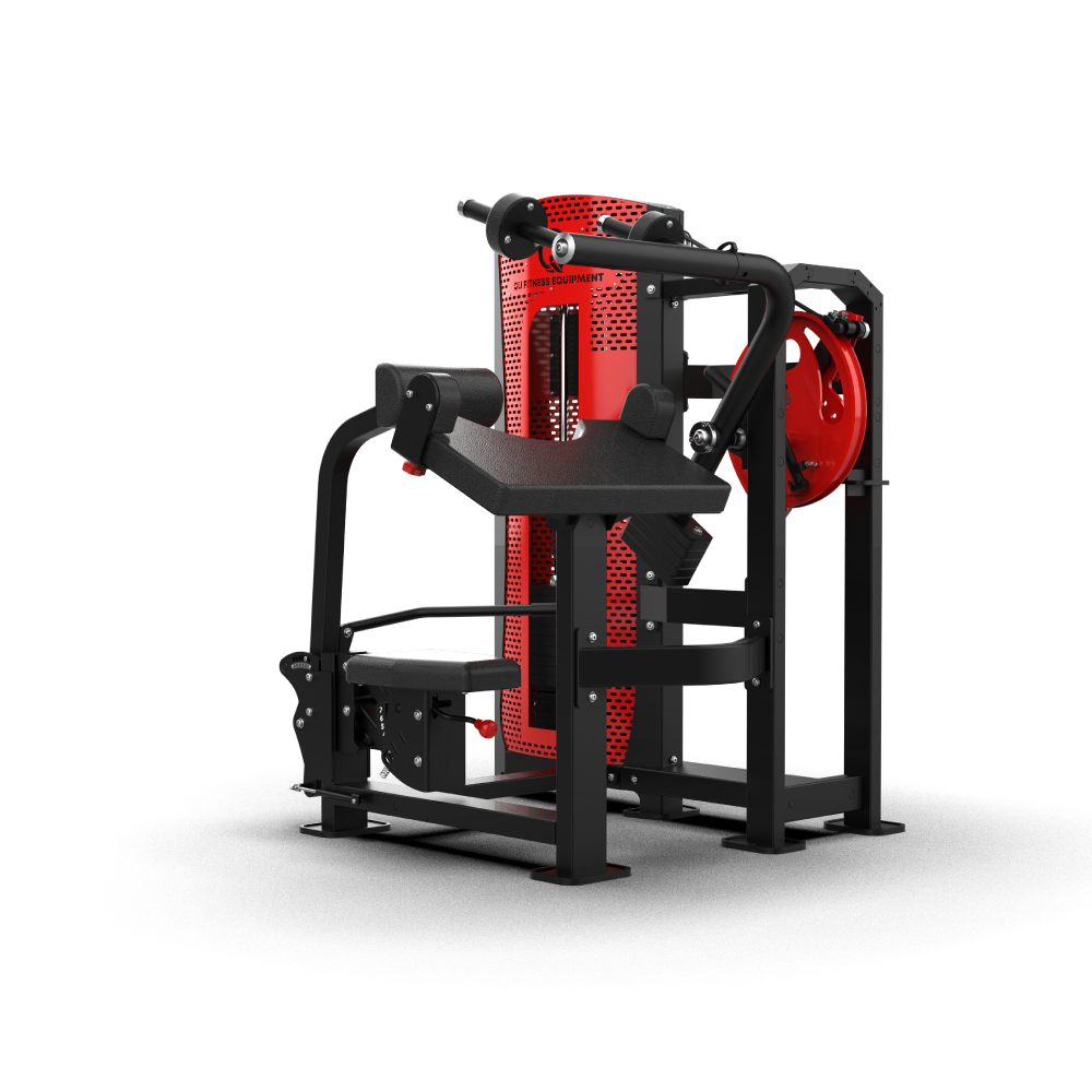 Front view of the QLI QPATE49 triceps extension with the seat and angled arm pad in front of the weight stack