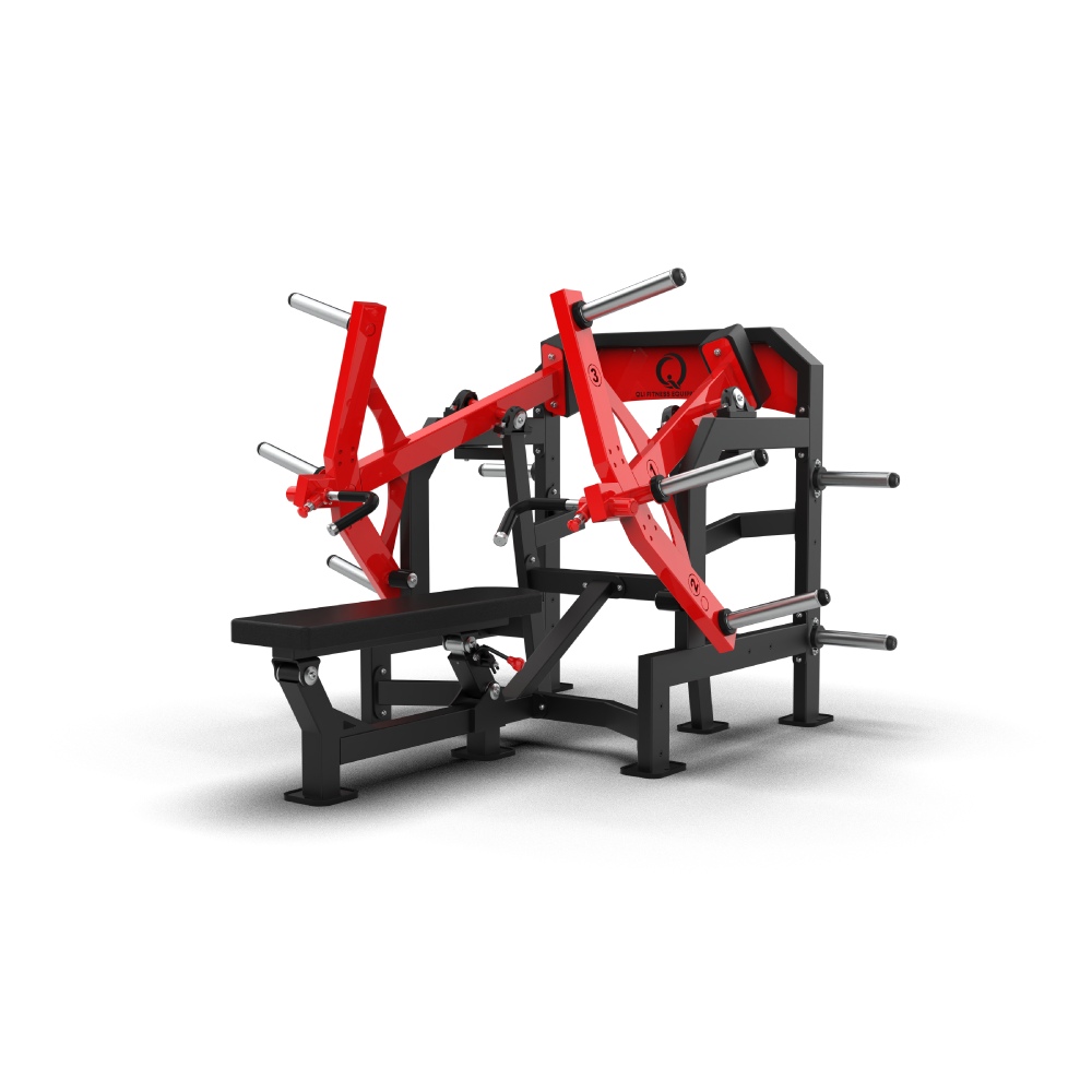 QLI Pro-Arm Variangle Chest Press QPAVP75 with flat bench and independent red converging press arms