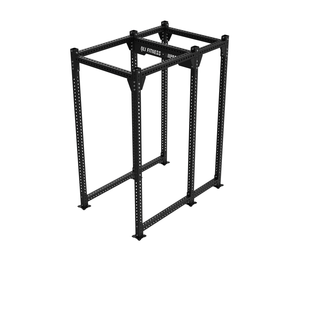 QLI QPC98 power cage from a high angle, showing the top crossmembers linking all six uprights