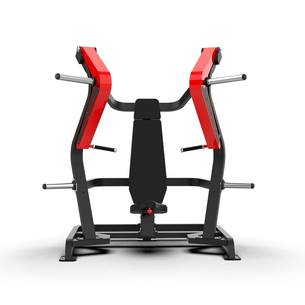 QLI Pure Chest Press QPCP073 from the front, showing the backrest between the red press arms