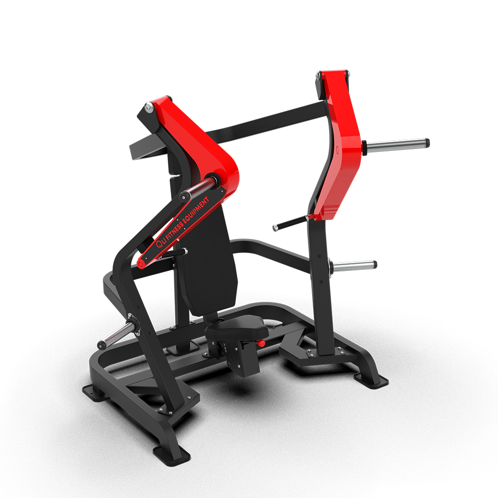 QLI QPCP073 chest press three-quarter view, showing the seat, press arms and footrest