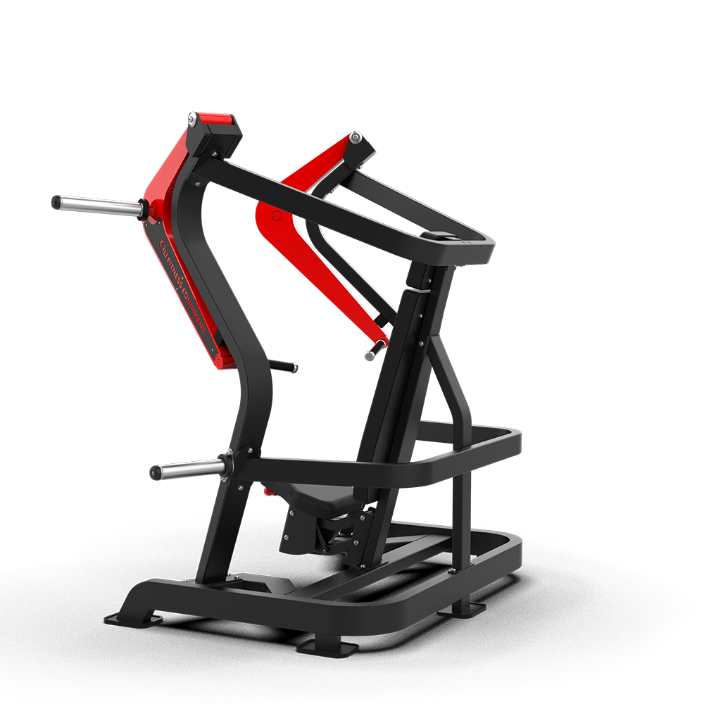 Side view of the QLI QPCP073 chest press, showing the press arm path