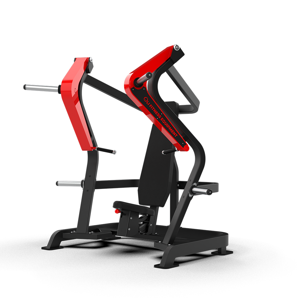 QLI QPCP073 chest press close three-quarter view of the red press arms and seat