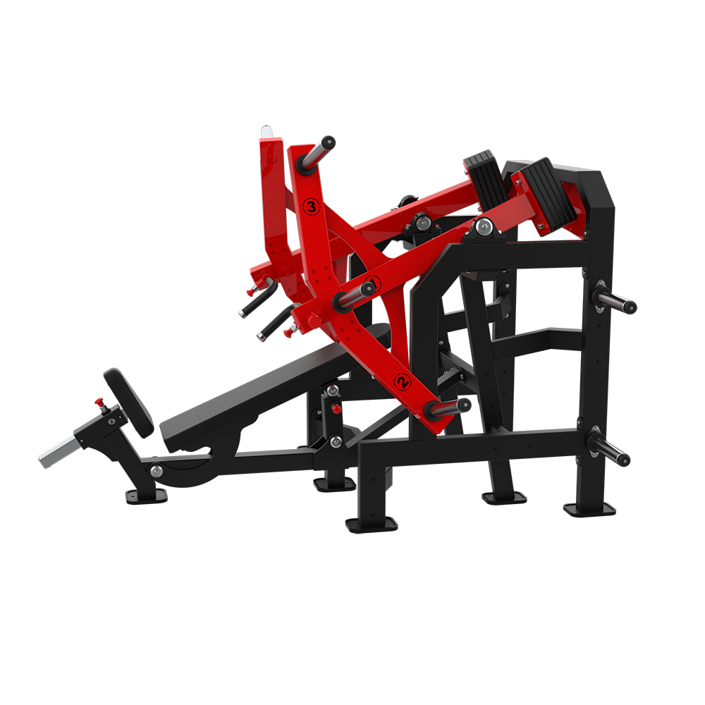 QLI Plate Loaded Incline Chest Press QPCP88 with red press arms over an adjustable incline bench