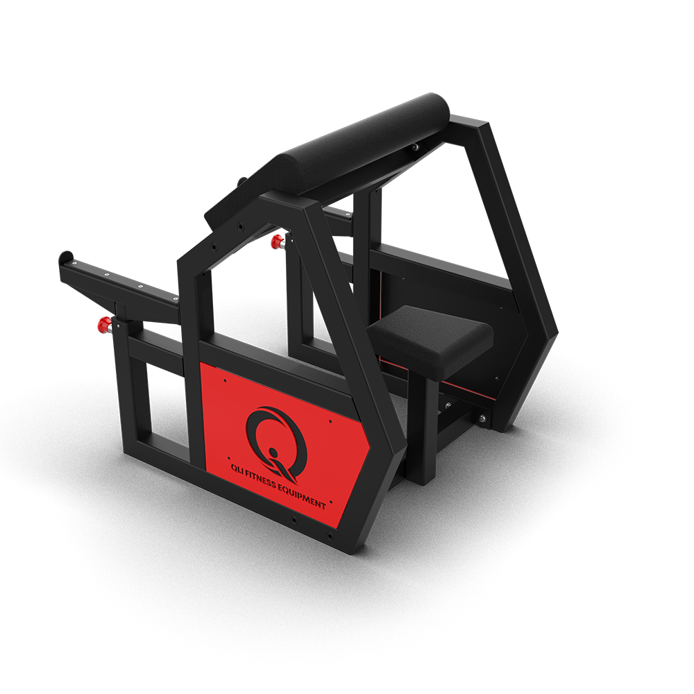QLI Seated Preacher Curl Bench QPCS042 with angled arm pad, adjustable barbell holders and red QLI side panels