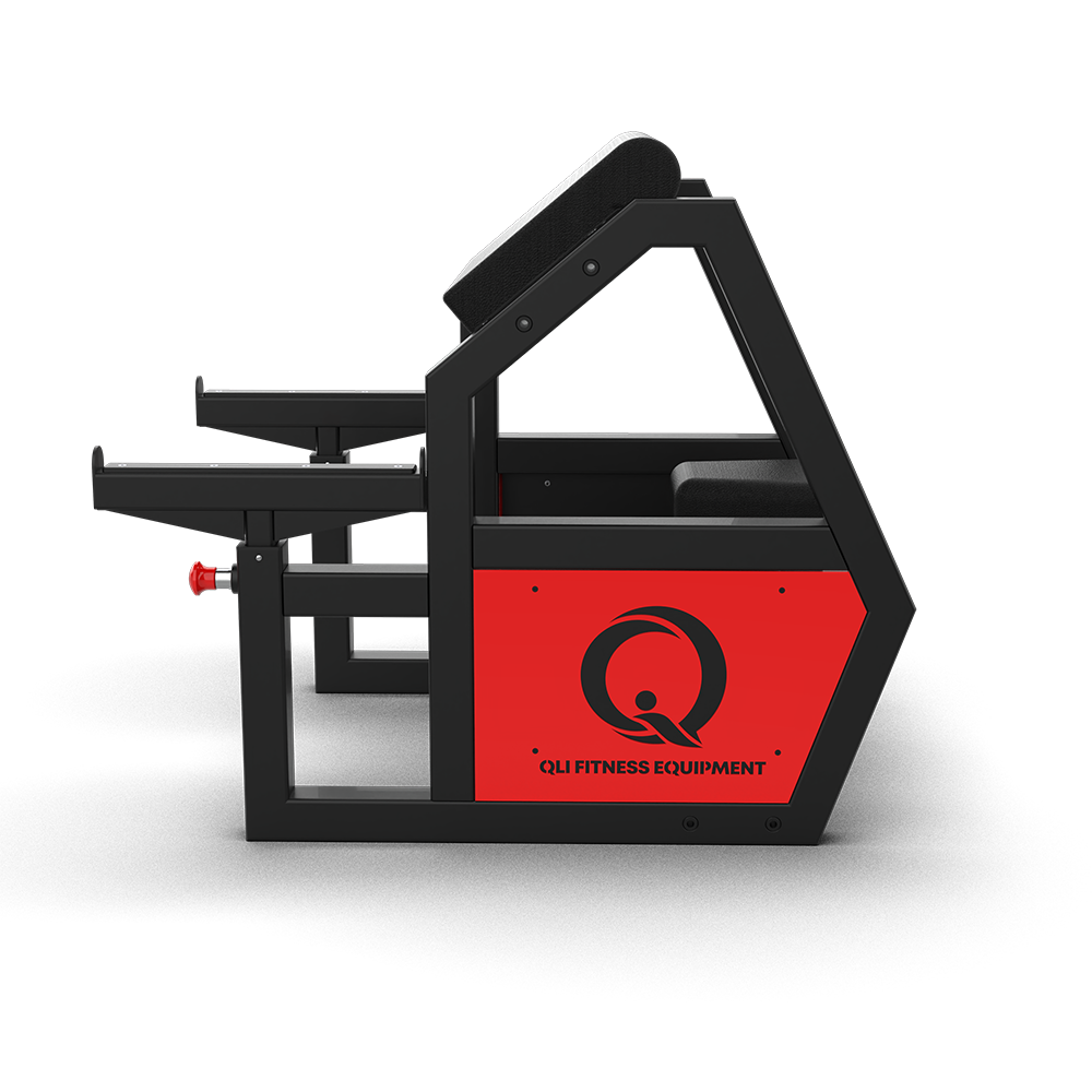 Side view of the QLI QPCS042, showing the barbell holder, arm pad and seat