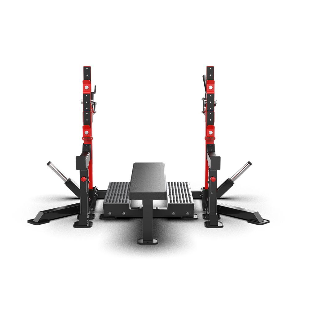 QLI Powerlifting Dual Rack QPDR83 squat and bench combo rack with red uprights, flat bench and spotter arms