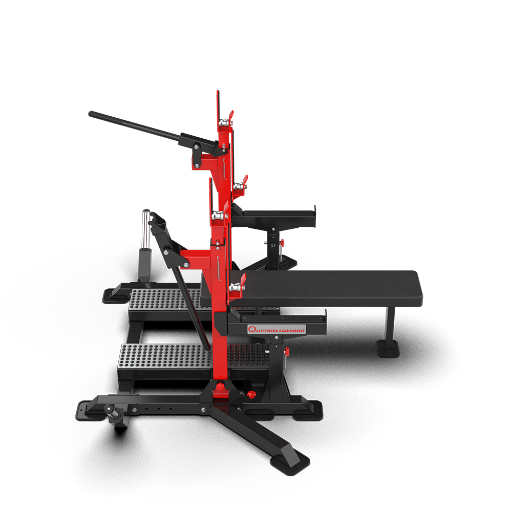 Side view of the QLI QPDR83 powerlifting rack, showing the lever arm that adjusts the bar holders
