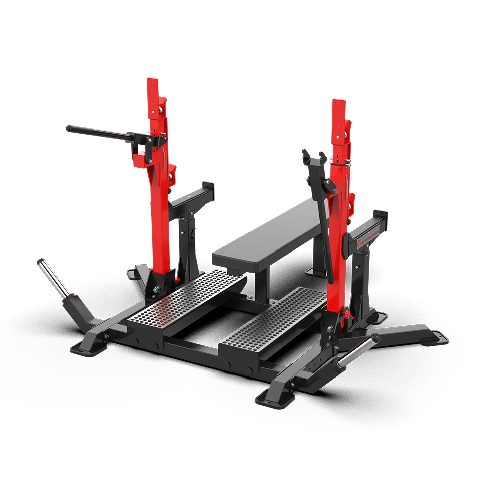 QLI QPDR83 powerlifting dual rack from the rear, showing the footplate, bench and plate storage