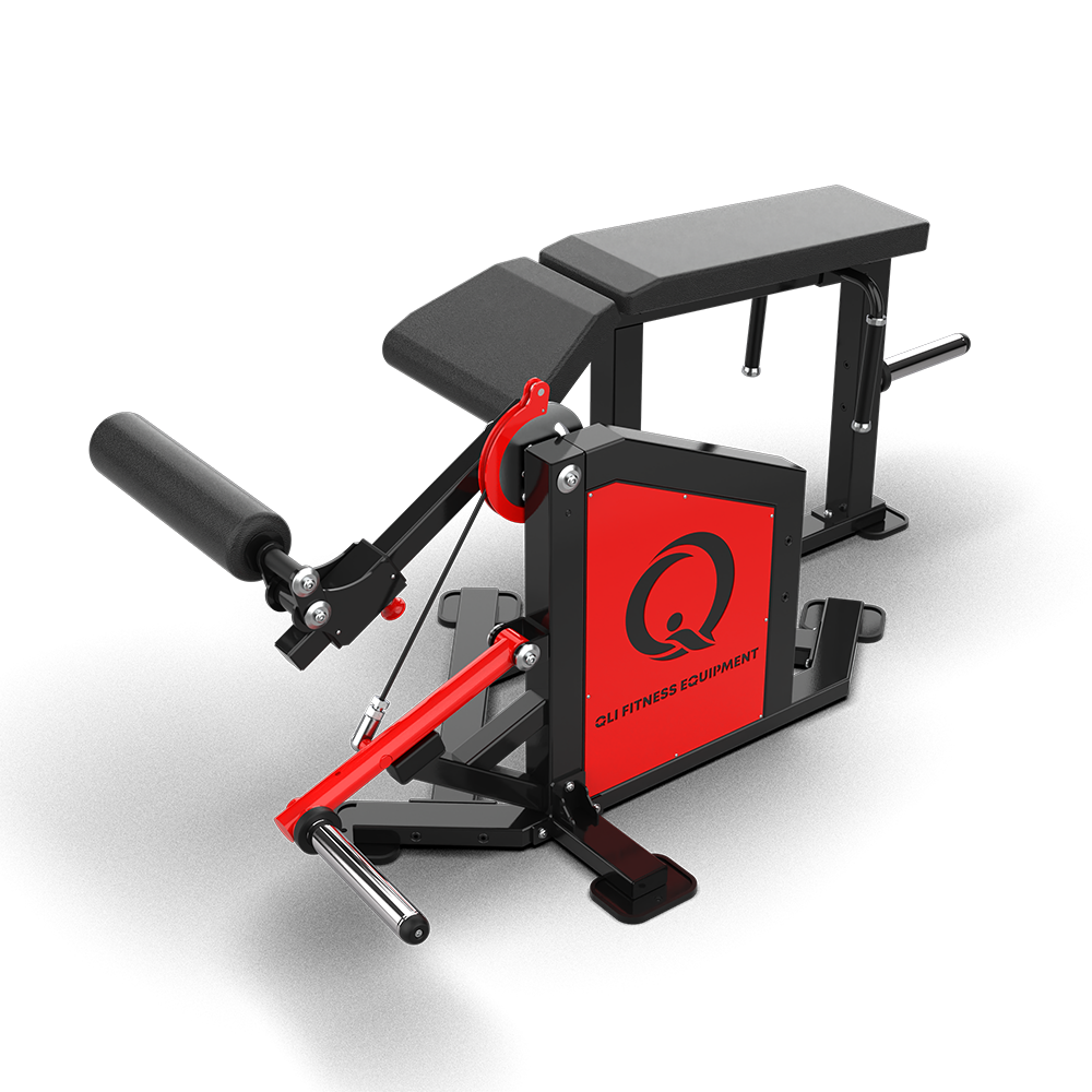 QLI Prone Leg Curl QPLC078 with angled prone bench, red lever arm, leg roller and red QLI side panel
