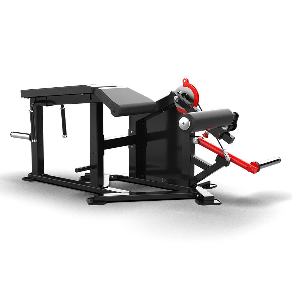 QLI Prone Leg Curl QPLC078 with angled prone bench, red lever arm, leg roller and red QLI side panel