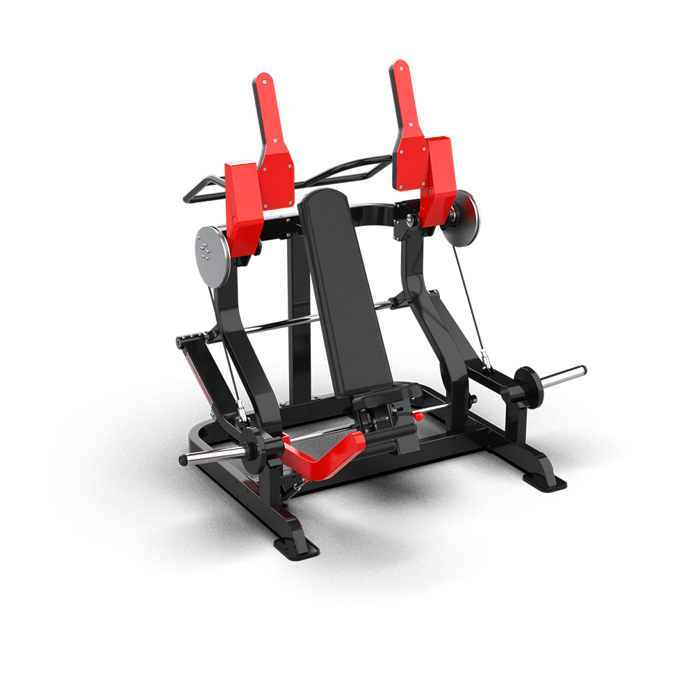 QLI Pullover Machine QPLP083 with tall backrest, red arm pads, overhead handles and easy-start foot lever