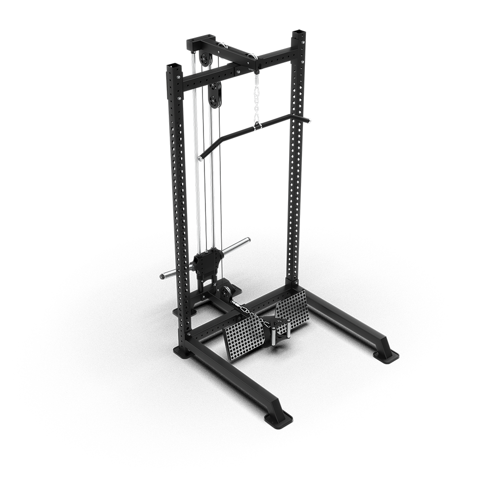 QLI Lat Pulldown & Low Row QPLR050 with lat bar, plate-loaded weight carriage and non-slip foot platforms