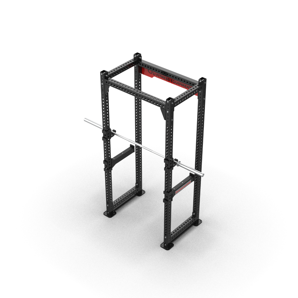QLI QPR158 power rack from above, with a barbell racked across the uprights