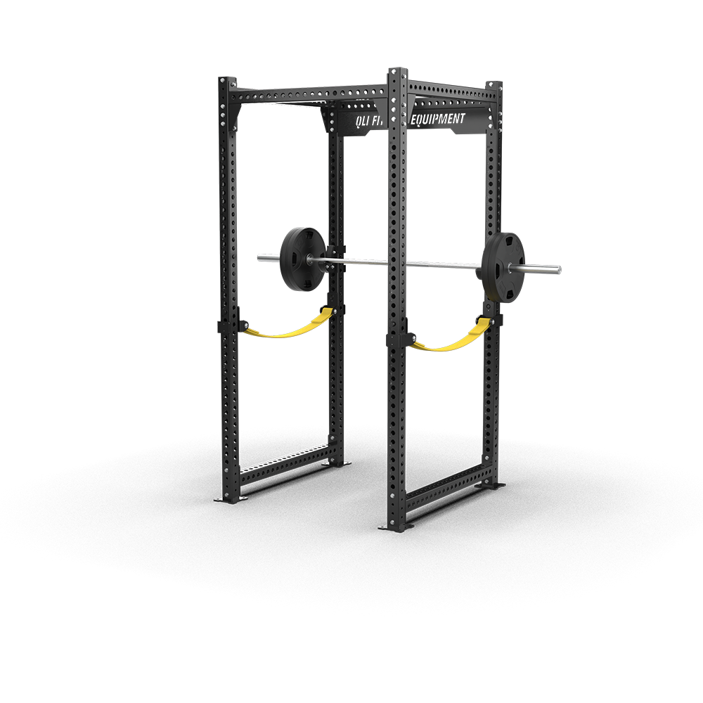 QLI QPR165 power rack with a loaded barbell racked on the J-hooks