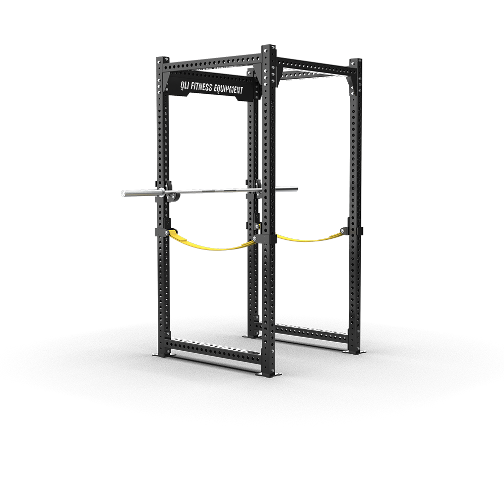 QLI QPR165 power cage from the front, showing the QLI crossmember plate, J-hooks and safety straps