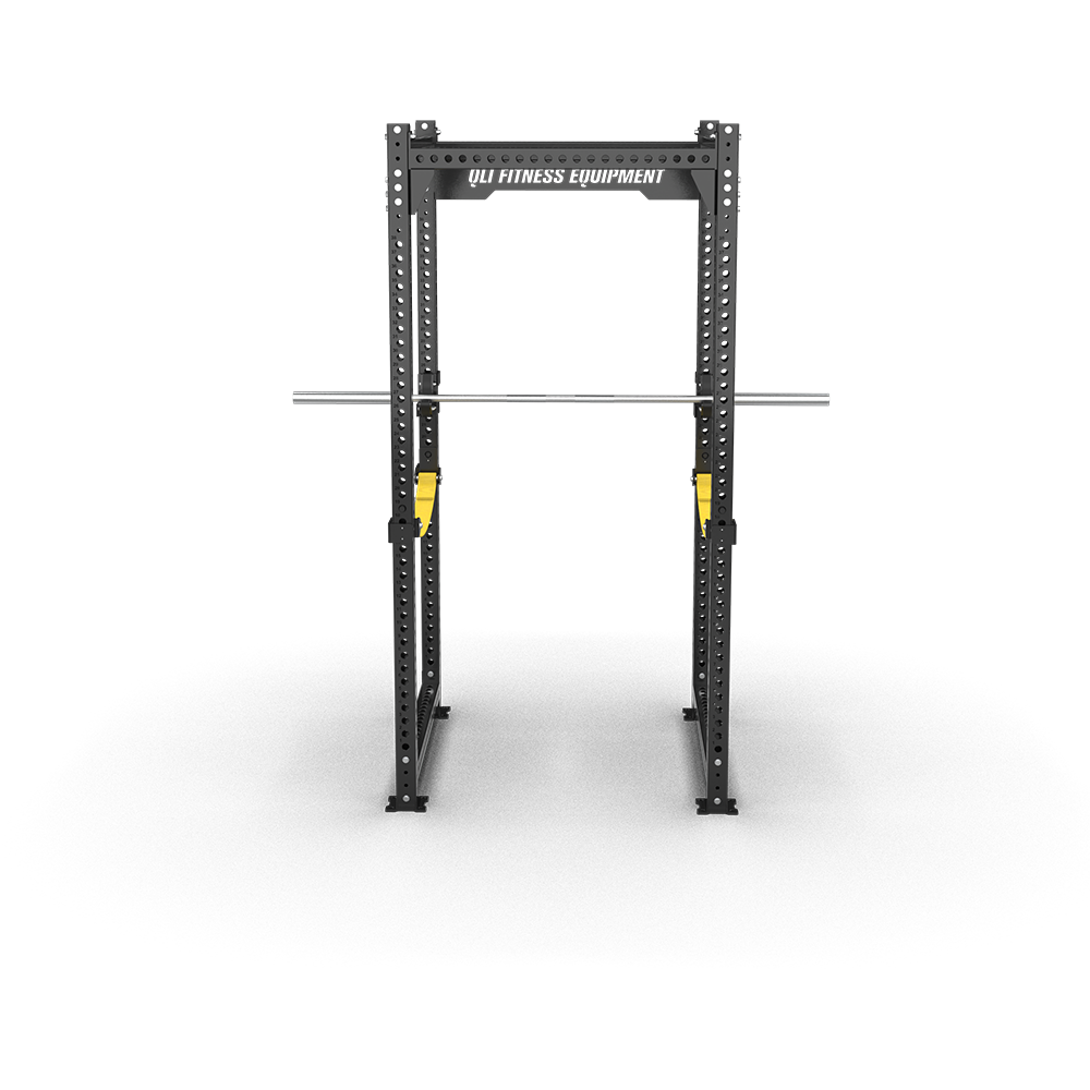 Front view of the QLI QPR165 power rack with hole-punched uprights and J-hooks