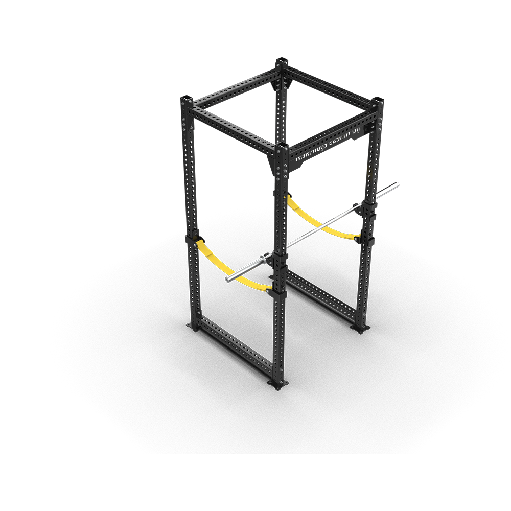 QLI QPR165 four-post power rack from above, showing the full cage frame and safety straps