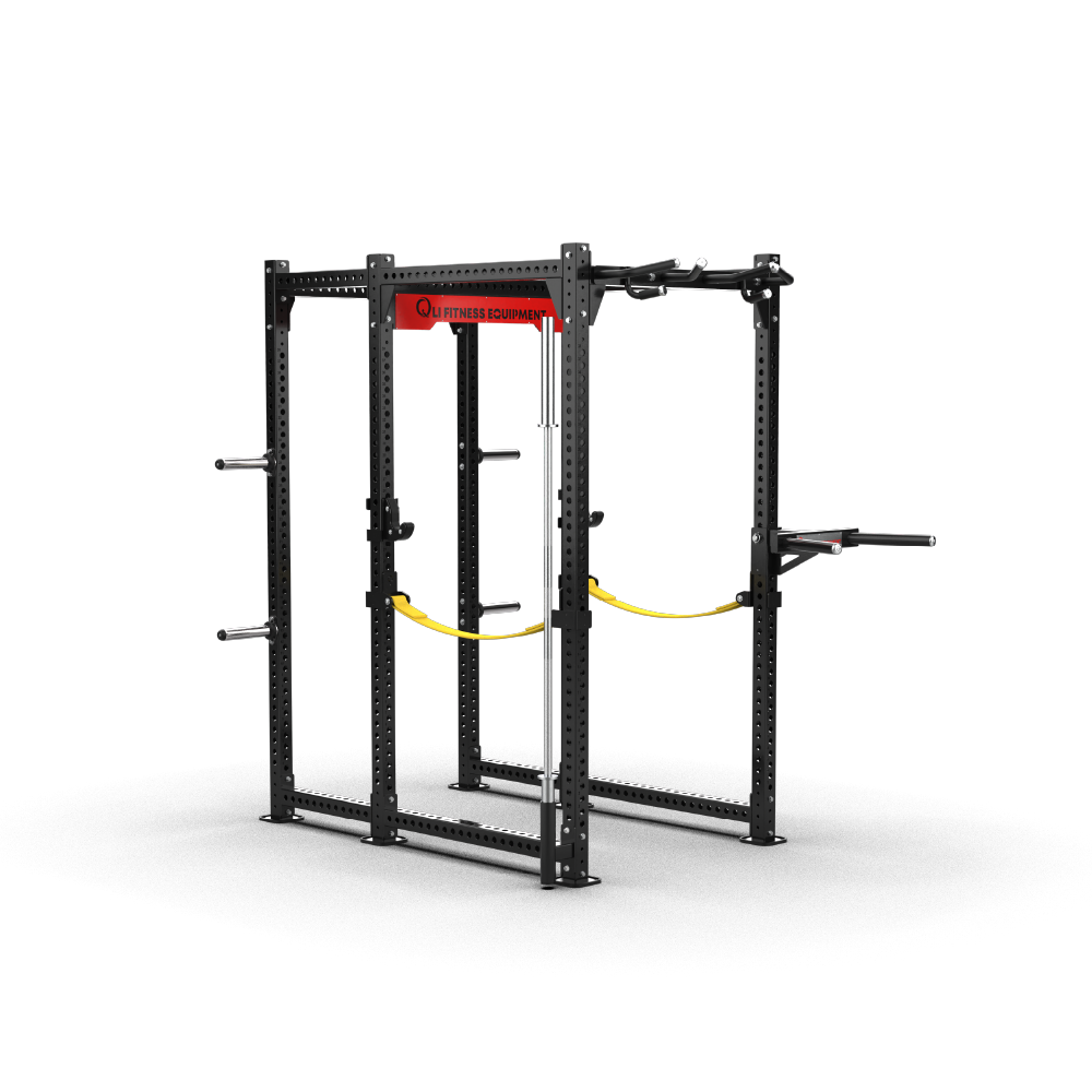 QLI Power Rack QPR265 with red branded crossmember, yellow strap safeties, dip attachment and plate storage