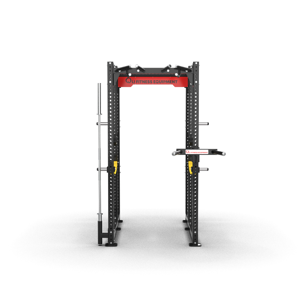 QLI QPR265 power rack from the front, showing the red crossmember and vertical bar holder