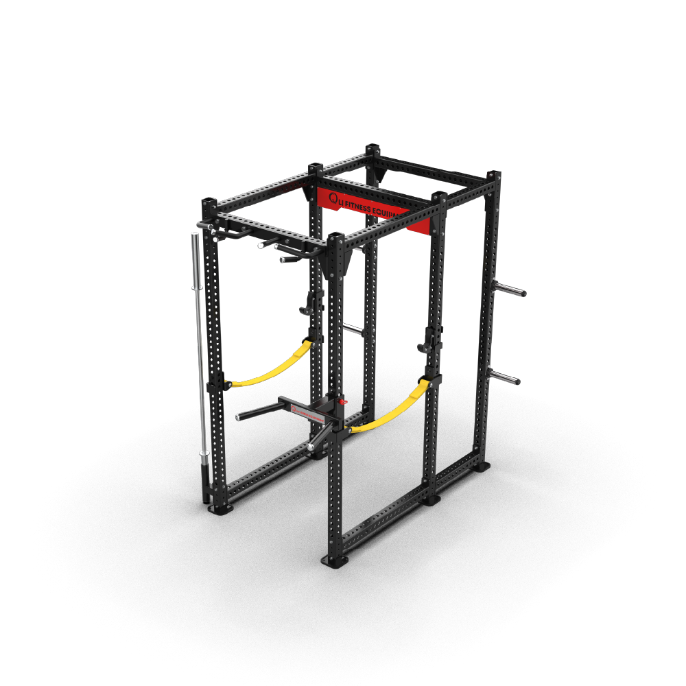 QLI QPR265 power rack from a high angle, showing the multi-grip pull-up bar and strap safeties