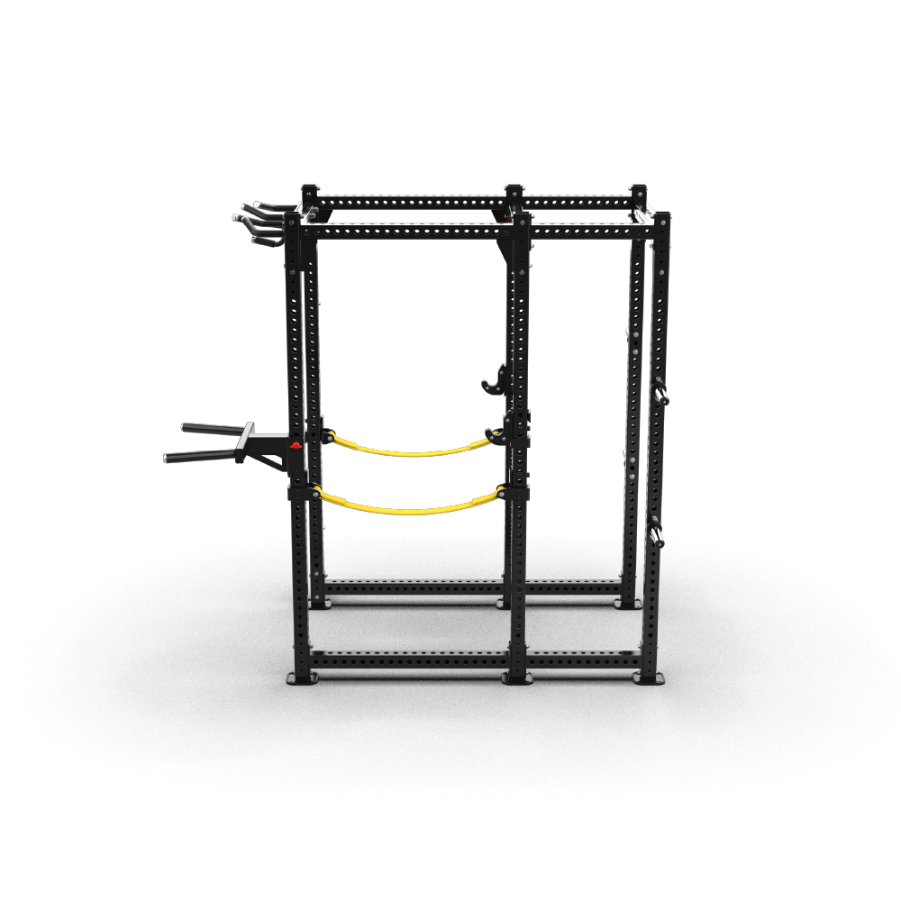Side view of the QLI QPR265 power rack, showing the plate storage pegs and dip attachment