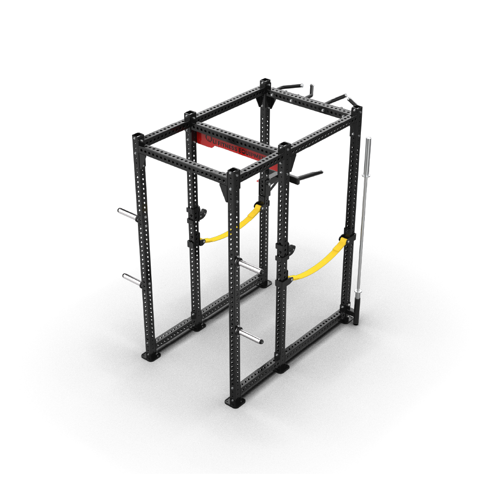 QLI QPR265 power rack rear three-quarter view, with plate storage and a vertical bar holder