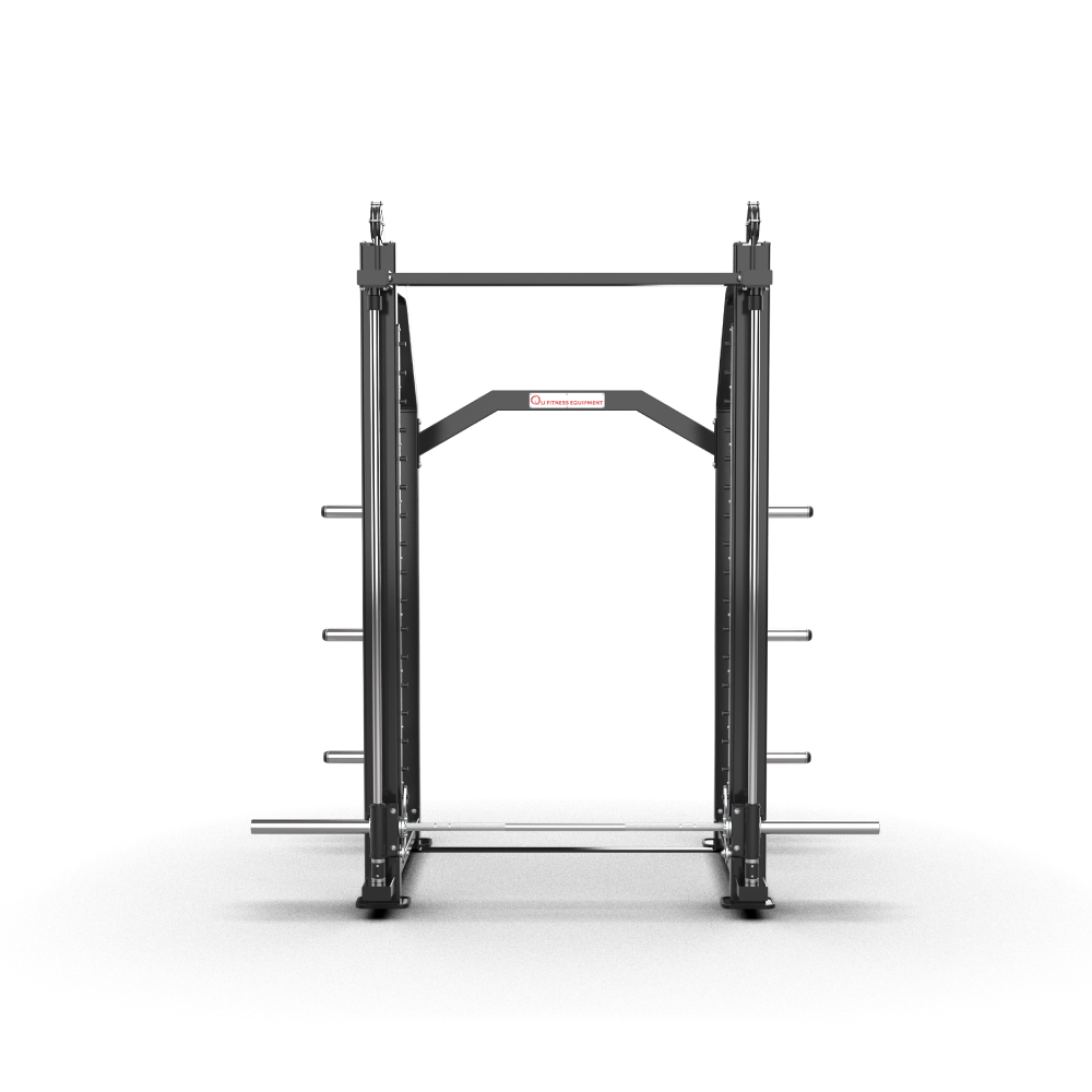 QLI QPR350 Smith machine power rack from the front, showing the Smith bar and branded crossbar