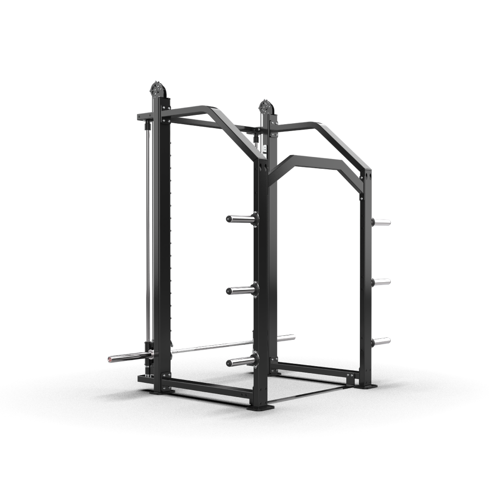 QLI QPR350 Smith power rack three-quarter view, showing the plate storage pegs on the uprights