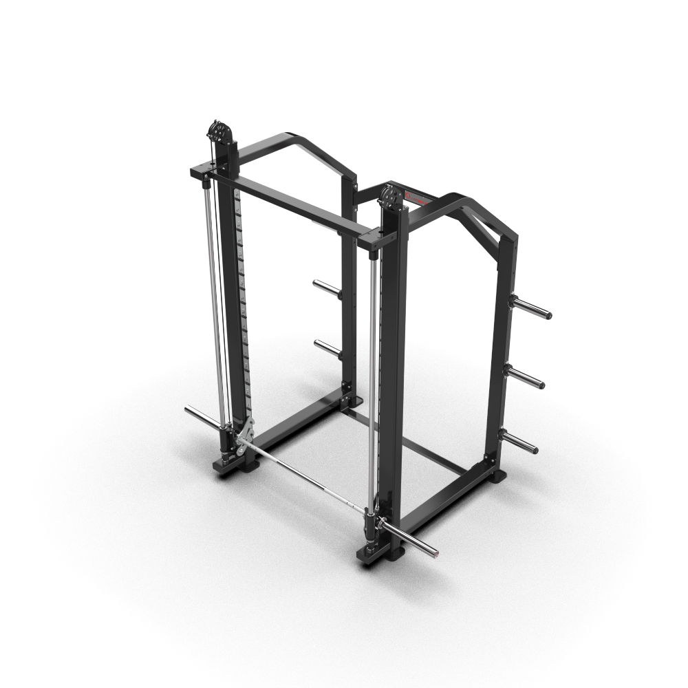 QLI QPR350 Smith power rack from a high angle, showing the arched top frame and Smith bar