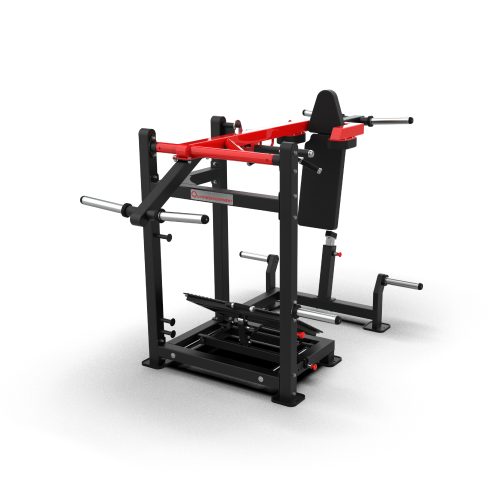 QLI QPSM2 pendulum squat three-quarter view, showing the frame and plate horns