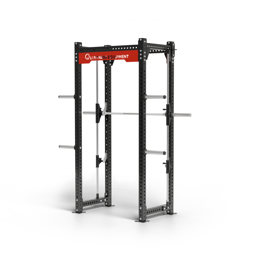 QLI Power Squat Rack QPSR02 with integrated Smith machine, red branded crossmember and plate storage horns